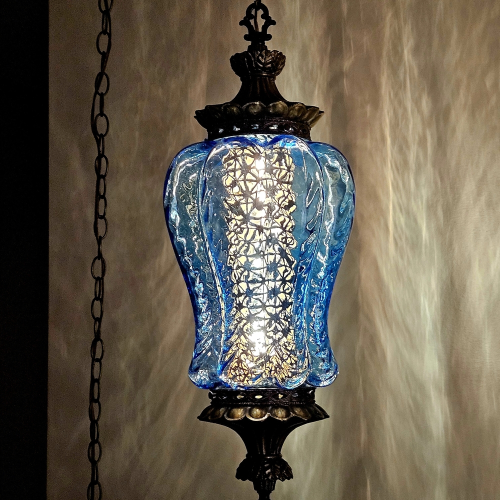 BLUE Falkenstein Glass Hanging Antique Light Swag Lamp Retro Globe Plug-in